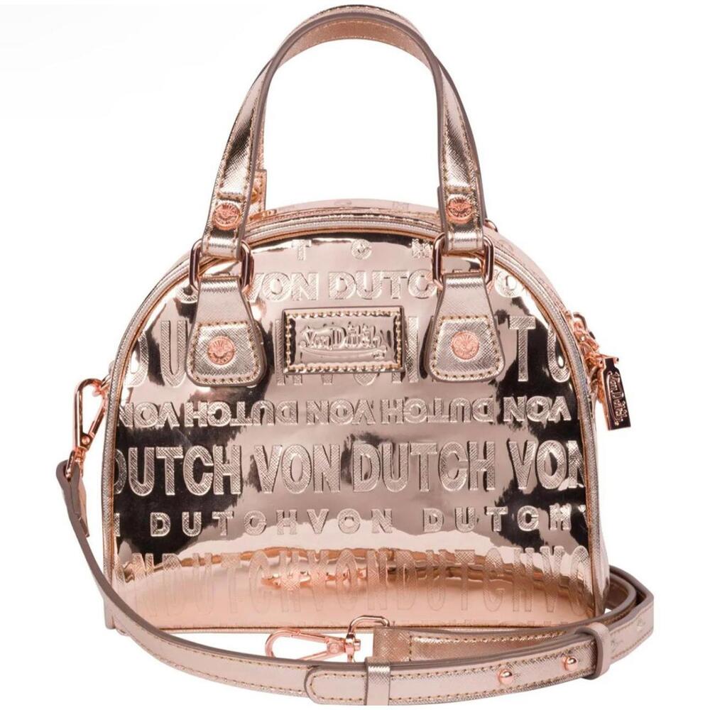 New Von Dutch Rose Gold Patent Leather Mirror Bowler Bag Handbag